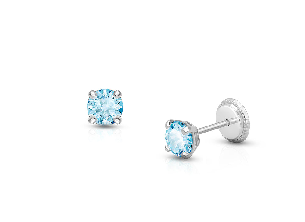 March Birthstone Studs, 4mm Swarovski® Crystal Baby/Children’s Earrings, Screw Back – 14K White Gold