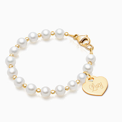 5mm Cultured Pearls, Teen’s Beaded Bracelet for Girls (INCLUDES Engraved Charm) – 14K Gold