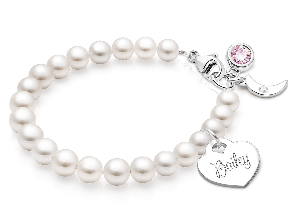 5mm Cultured Pearls, Teen’s Beaded Bracelet for Girls (INCLUDES Engraved Charm) – Sterling Silver