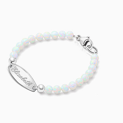 4mm Opals, Lab Created White Opal Baby/Children’s Engraved Bracelet for Girls – Sterling Silver