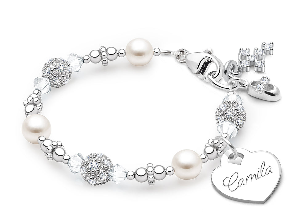Birthstone, Christening/Baptism Baby/Children’s Beaded Bracelet for Girls (INCLUDES Engraved Charm) – Sterling Silver