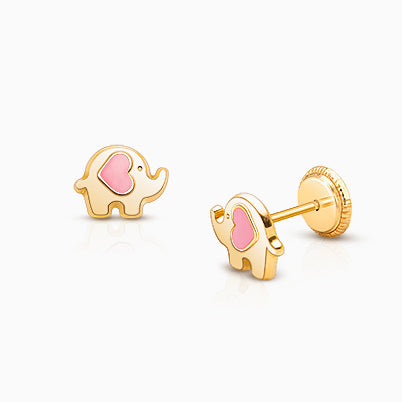 Fearless Heart Dangle, Pink/Clear CZ Baby/Children’s Earrings, Screw Back – 14K Gold