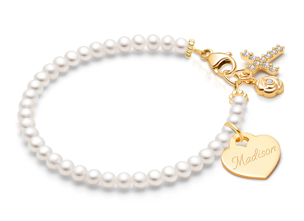 3mm Cultured Pearls, Christening/Baptism Baby/Children’s Beaded Bracelet for Girls (INCLUDES Engraved Charm) – 14K Gold