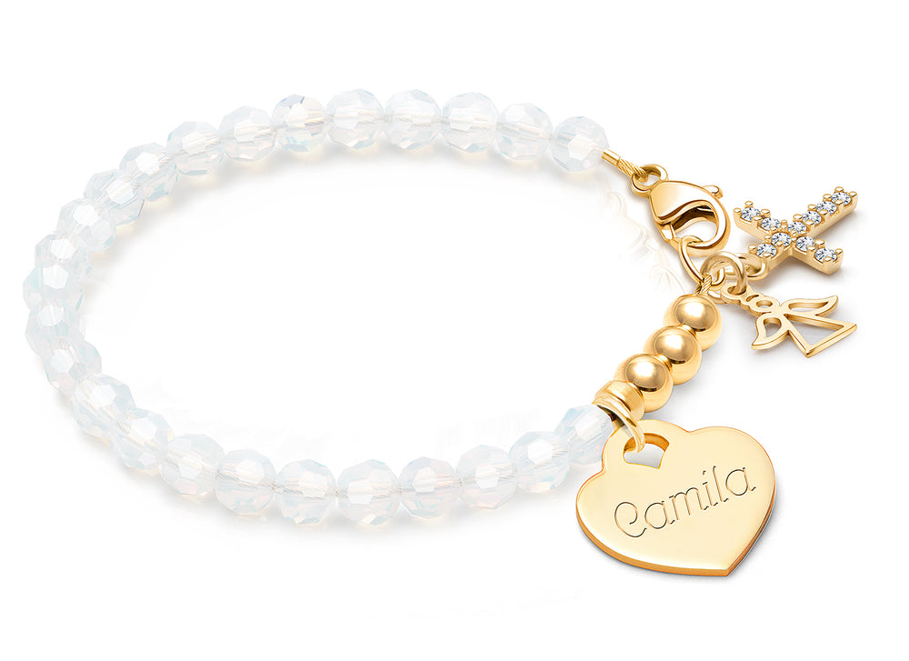 tB® Signature Crystal™ White Opal, Christening/Baptism Baby/Children’s Beaded Bracelet for Girls (INCLUDES Engraved Charm) – 14K Gold