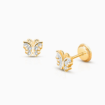 Baby Butterfly, Clear CZ Baby/Children’s Earrings, Screw Back – 14K Gold