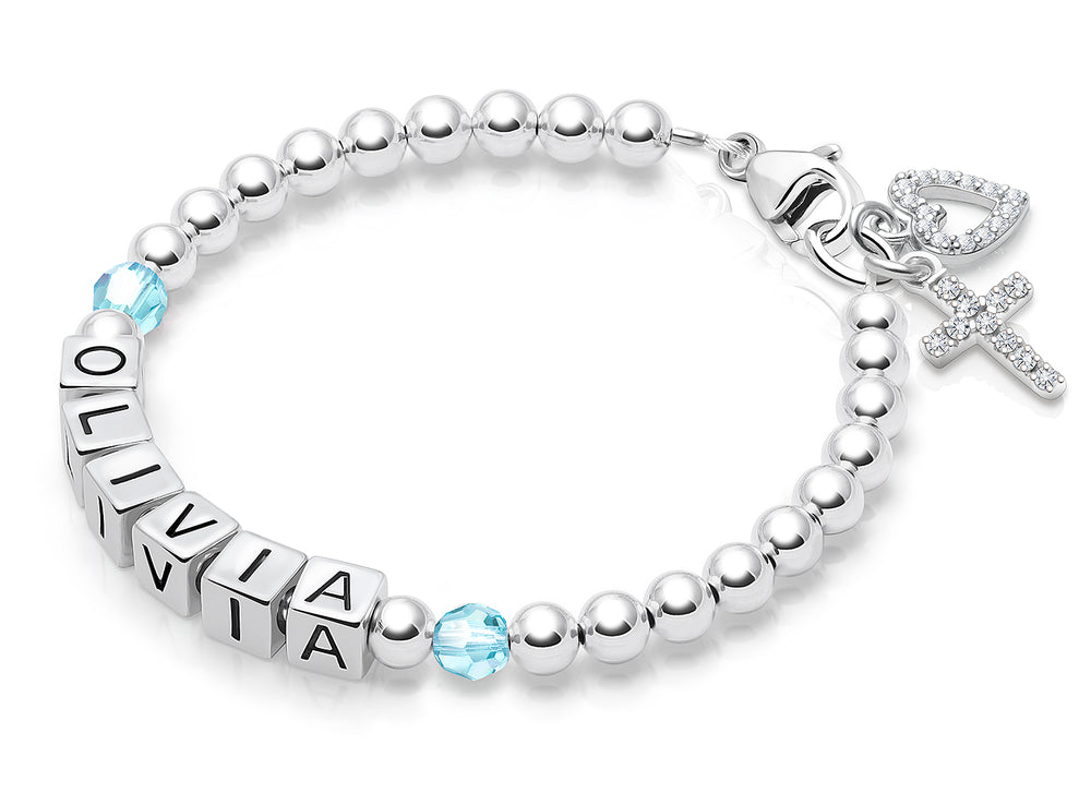 Tiny Blessings Birthstone, First Holy Communion Name Bracelet for Girls – Sterling Silver