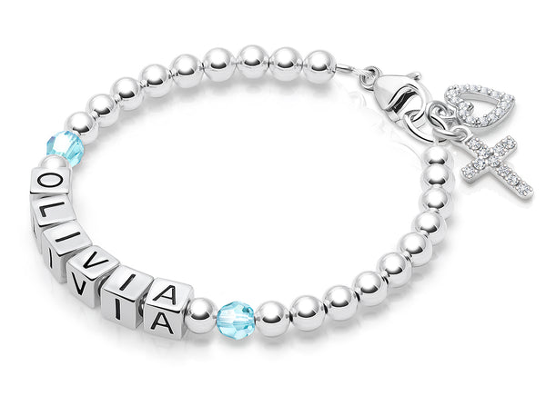 Tiny Blessings Birthstone, First Holy Communion Name Bracelet for Girls – Sterling Silver