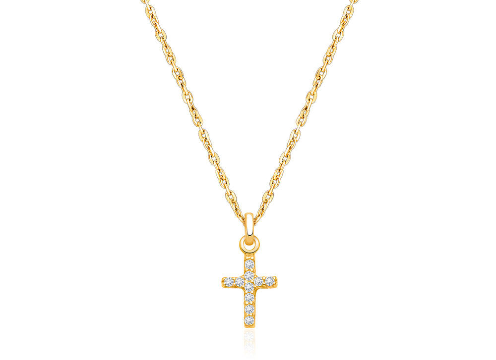 Miraculous Cross, Modern Pavé CZ Communion Children’s Necklace for Girls – 14K Gold