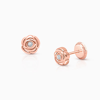 Blushing Rose, Clear CZ Studs Teen’s Earrings, Screw Back – 14K Rose Gold