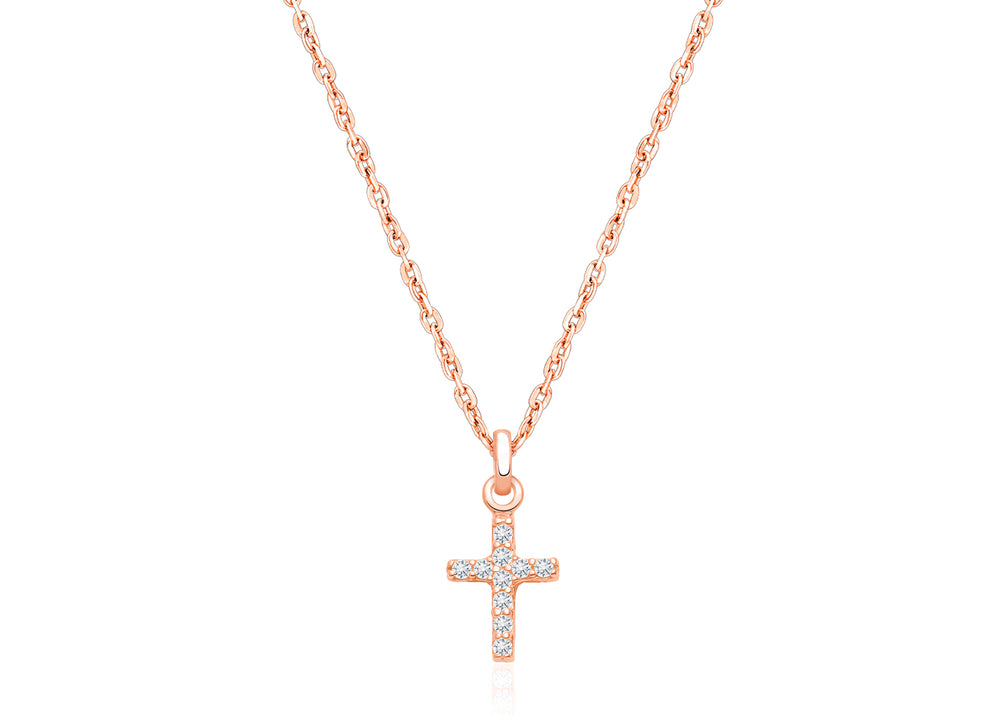 Miraculous Cross, Modern Pavé CZ Children’s Necklace for Boys – 14K Rose Gold