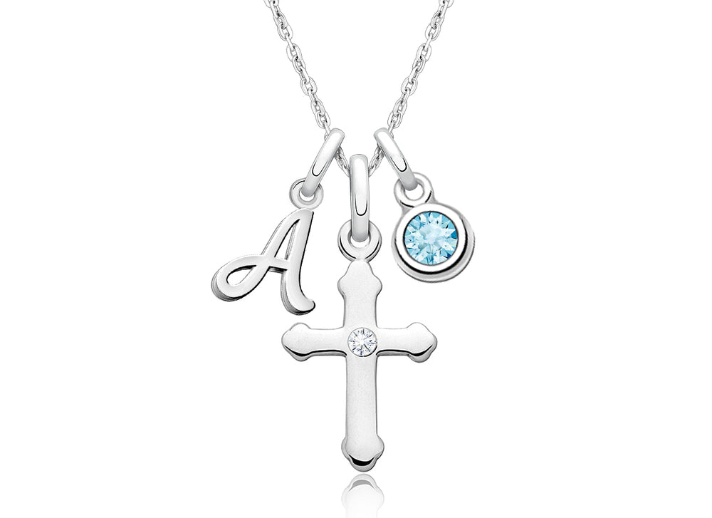 A Child’s Faith, Communion Children’s Personalized Necklace Set for Girls (Includes Cross, Initial, and Birthstone Charms) – Sterling Silver