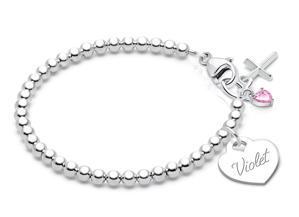 3mm Tiny Blessings Beads, Christening/Baptism Baby/Children’s Beaded Bracelet for Girls (INCLUDES Engraved Charm) – Sterling Silver