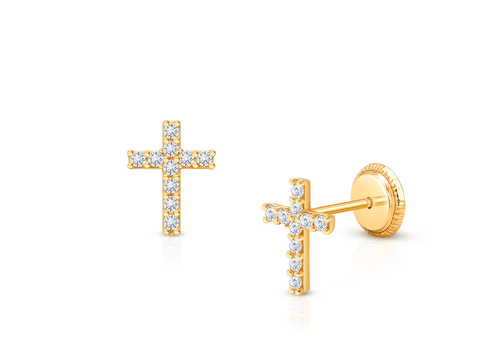 Miraculous Cross, Clear CZ Baby/Children’s Earrings, Screw Back – 14K Gold