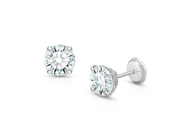6mm CZ Round Studs, Teen’s Earrings, Screw Back – 14K White Gold