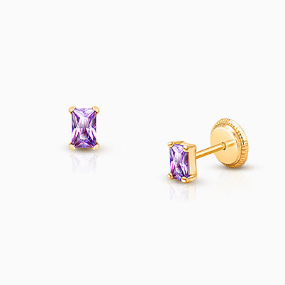 Radiant Cut Studs, 4mm Royal Purple CZ Baby/Children’s Earrings, Screw Back – 14K Gold