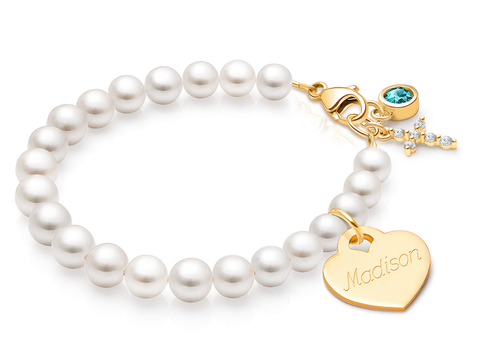 5mm Cultured Pearls, Teen’s Beaded Bracelet for Girls (INCLUDES Engraved Charm) – 14K Gold