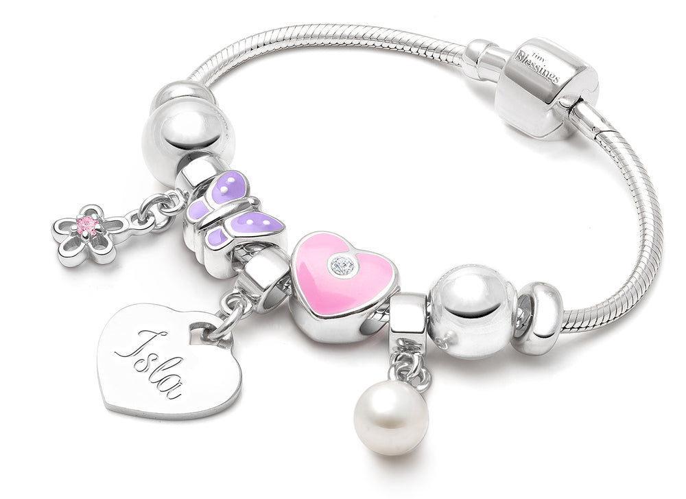 Adoré™ 7 Charm Starter Set, Baby/Children’s Engraved Charm Bracelet for Girls – Sterling Silver