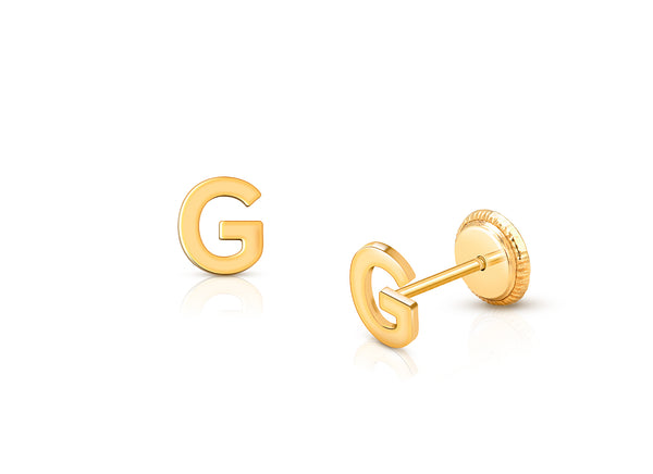 ‘G’ Initial Studs Personalized Baby/Children’s Earrings, Screw Back – 14K Gold