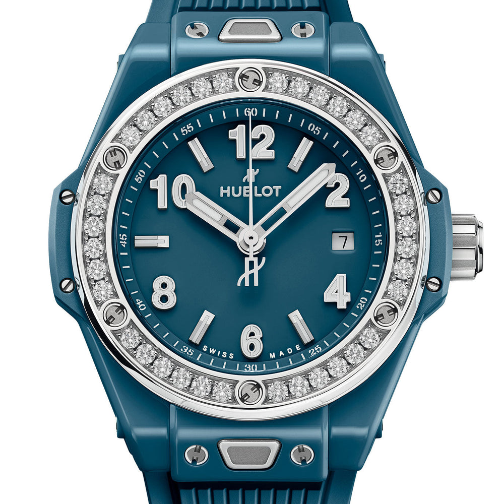 Unworn Big Bang One Click Petrol Blue Ceramic Diamonds 33, 485.ES.5171.RX.1204, box and papers
