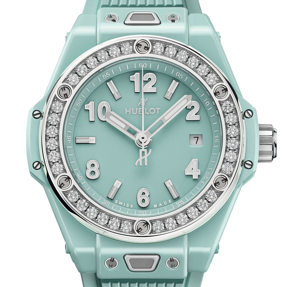 Unworn Big Bang One Click Mint Green Ceramic Diamonds 33, 485.GS.5271.RX.1204, box and papers