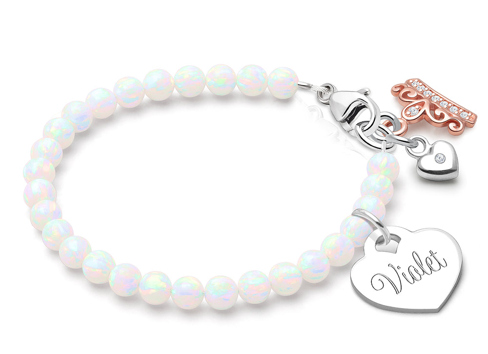 4mm Opals, Lab Created White Opal Baby/Children’s Beaded Bracelet for Girls (INCLUDES Engraved Charm) – Sterling Silver