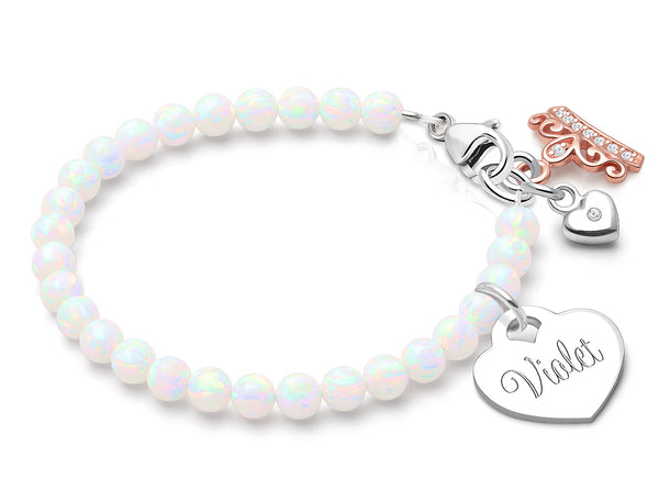 4mm Opals, Lab Created White Opal Baby/Children’s Beaded Bracelet for Girls (INCLUDES Engraved Charm) – Sterling Silver