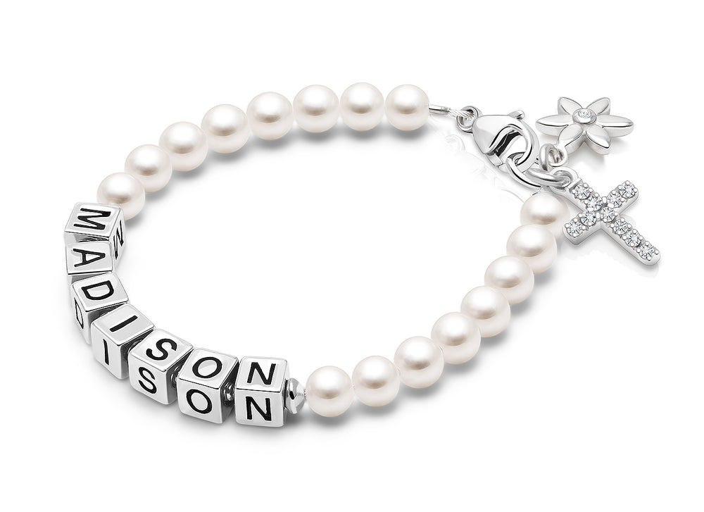 4mm Cultured Pearls, Christening/Baptism Baby/Children’s Name Bracelet for Girls – Sterling Silver