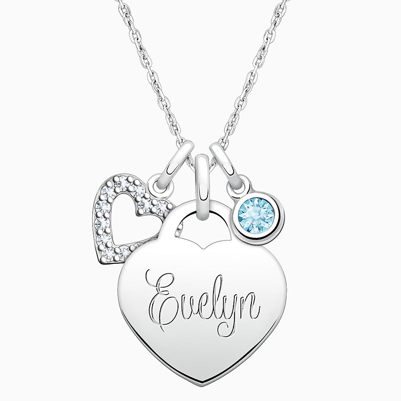 Small Heart, Children’s Personalized Necklace Set for Girls (Includes Pavé Heart and Birthstone Charms) – Sterling Silver