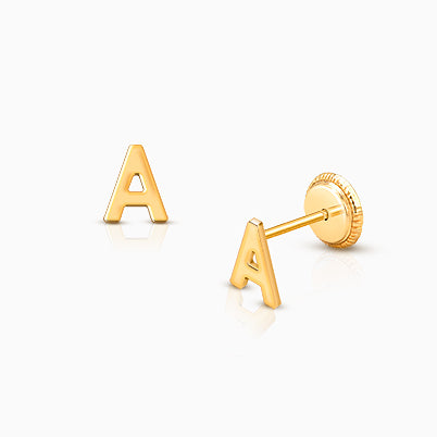 ‘A’ Initial Studs Personalized Baby/Children’s Earrings, Screw Back – 14K Gold