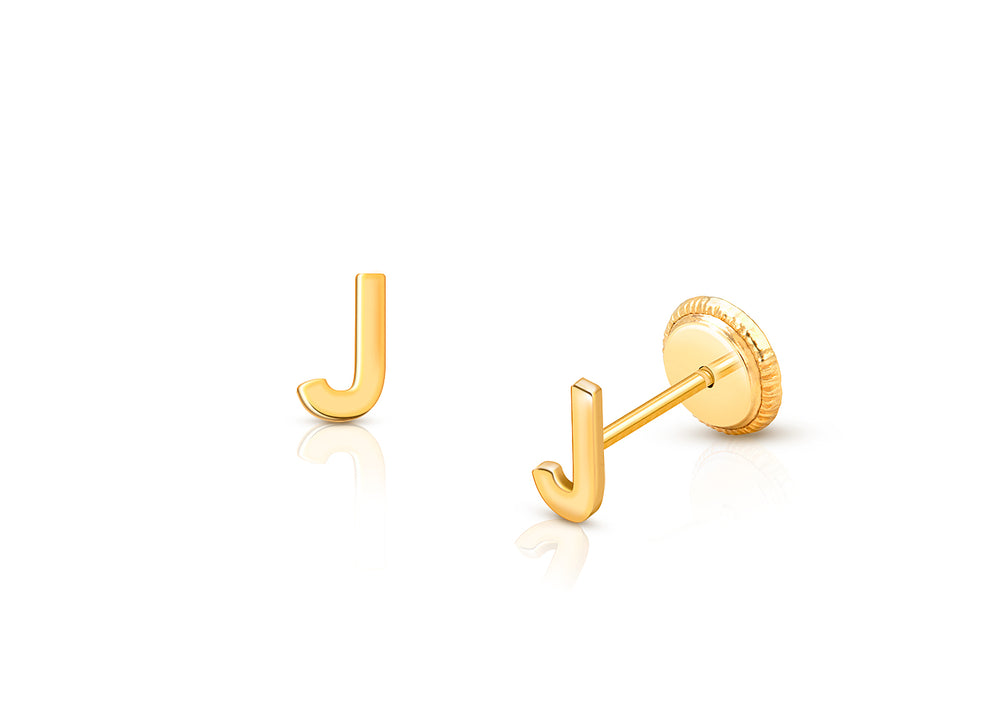 ‘J’ Initial Studs Personalized Baby/Children’s Earrings, Screw Back – 14K Gold
