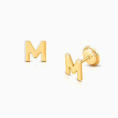 ‘M’ Initial Studs Personalized Baby/Children’s Earrings, Screw Back – 14K Gold