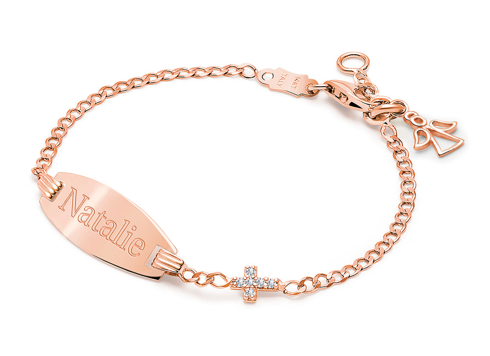 Pavé Cross, Baby/Children’s , 5.5-6.0″, Engraved ID Bracelet for Girls – 14K Rose Gold