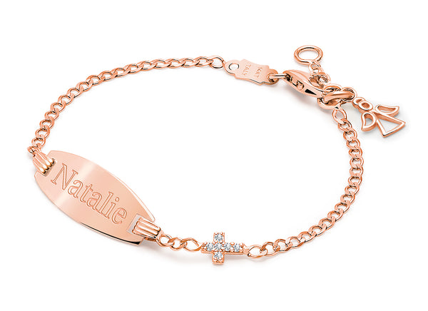 Pavé Cross, Baby/Children’s , 5.5-6.0″, Engraved ID Bracelet for Girls – 14K Rose Gold