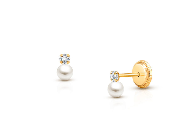 3mm Pearl Drop, Clear CZ Baby/Children’s Earrings, Screw Back – 14K Gold