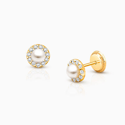 Pearl Halo, Clear CZ Christening/Baptism Baby/Children’s Earrings, Screw Back – 14K Gold