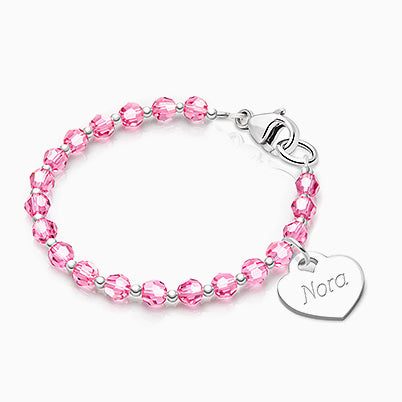 Birthstone Crystal, Teen’s Beaded Bracelet for Girls (INCLUDES Engraved Charm, All 12 Birthstones Avail) – Sterling Silver