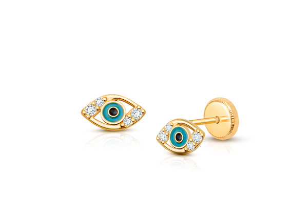Evil Eye, Clear CZ Baby/Children’s Earrings, Screw Back – 14K Gold