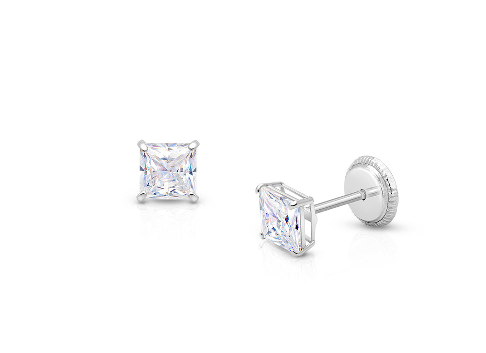Princess Cut Studs, 4mm Clear CZ Studs, First Holy Communion Children’s Earrings, Screw Back – 14K White Gold