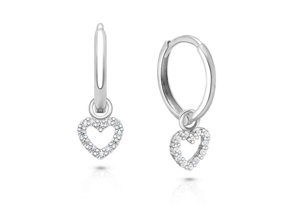 11mm Classic Huggie Hoops with Pavé Heart Dangle, Teen’s Earrings – Sterling Silver