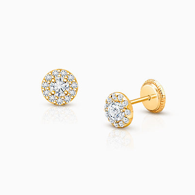 Rose Radiance, Clear CZ Stud, Christening/Baptism Baby/Children’s Earrings, Screw Back – 14K Gold