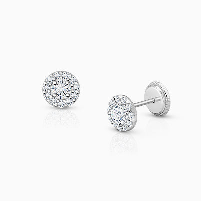 Miraculous Cross, Clear CZ Mother’s Earrings, Screw Back – 14K White Gold
