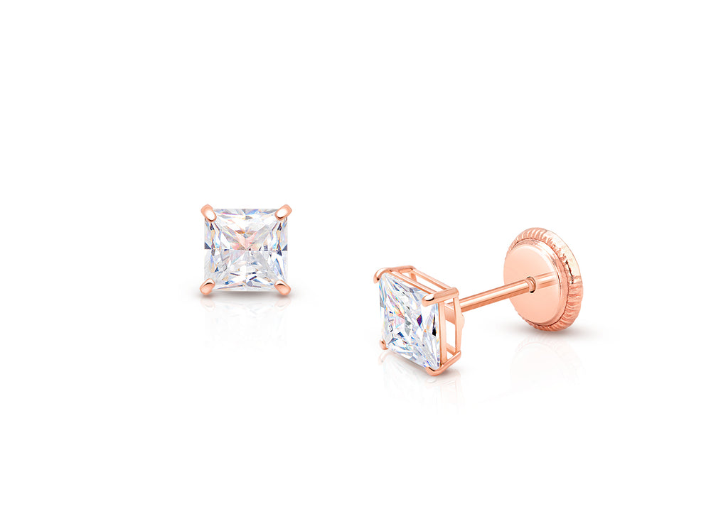 Princess Cut Studs, 4mm Clear CZ Studs, First Holy Communion Children’s Earrings, Screw Back – 14K Rose Gold