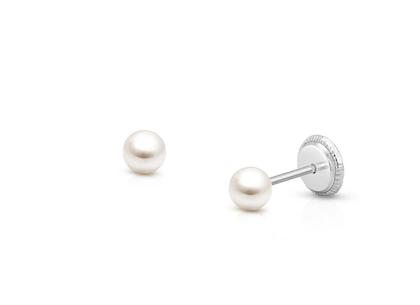 3mm Pearl Studs, Baby/Children’s Earrings, Screw Back – 14K White Gold