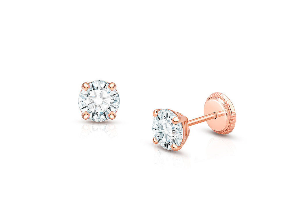 5mm CZ Round Studs, Baby/Children’s Earrings, Screw Back – 14K Rose Gold