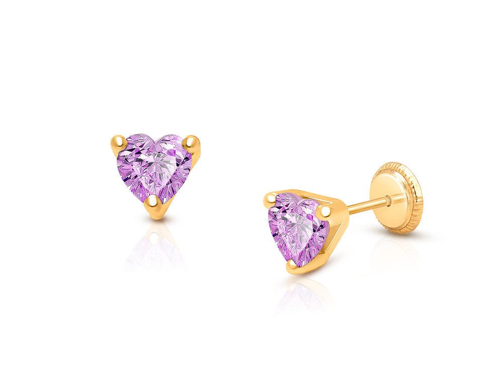 Simple Heart Studs, 5mm Lavender CZ Baby/Children’s Earrings, Screw Back – 14K Gold