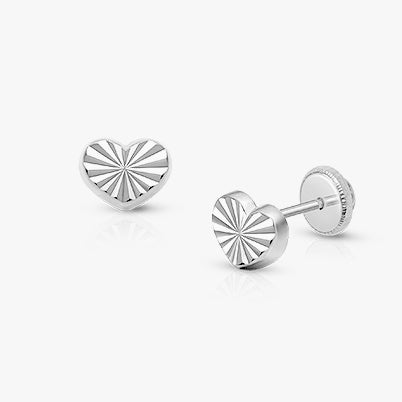 Diamond Cut Heart, Christening/Baptism Baby/Children’s Earrings, Screw Back – 14K White Gold