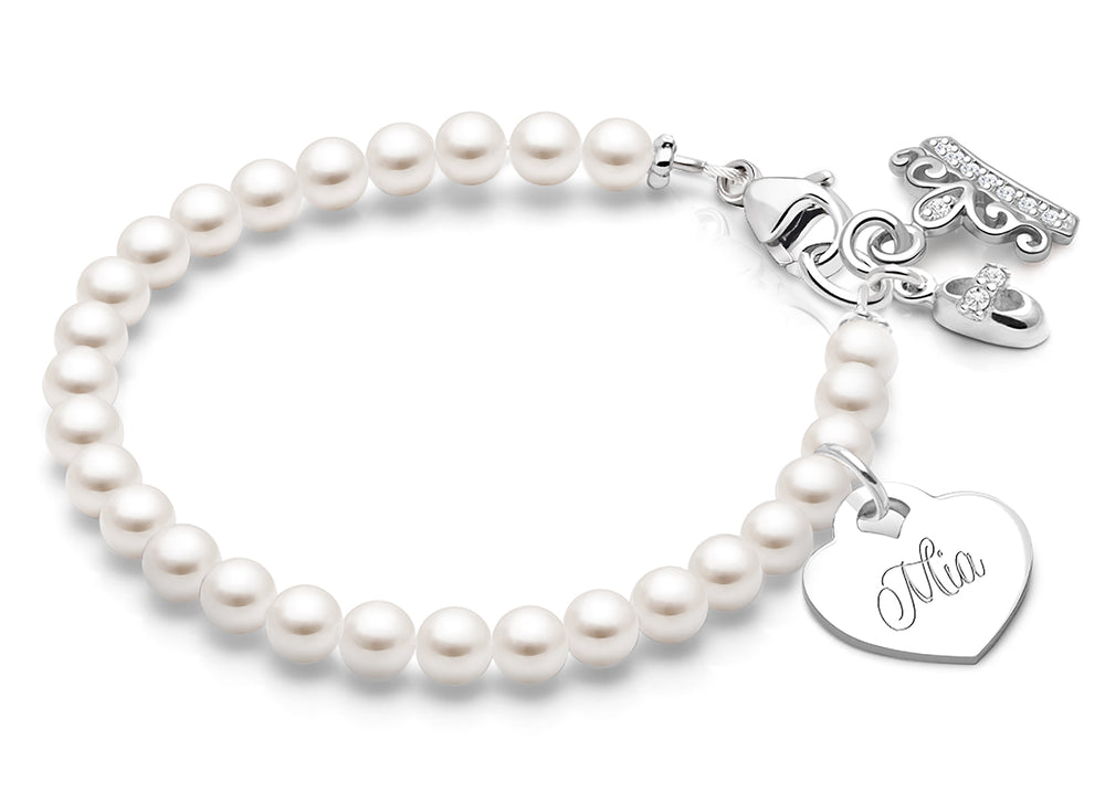 4mm Cultured Pearls, Baby/Children’s Beaded Bracelet for Girls (INCLUDES Engraved Charm) – Sterling Silver