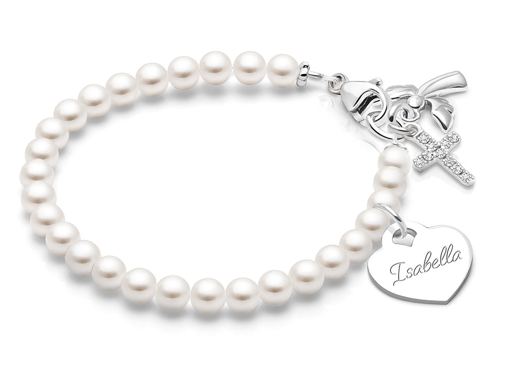 4mm Cultured Pearls, First Holy Communion Beaded Bracelet for Girls (INCLUDES Engraved Charm) – Sterling Silver