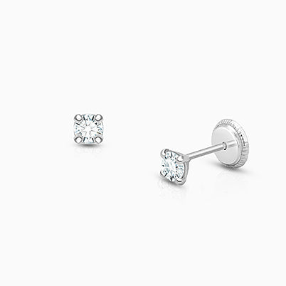 3mm CZ Round Studs, Baby/Children’s Earrings, Screw Back – 14K Gold