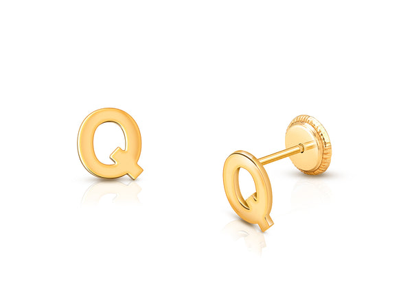 ‘Q’ Initial Studs Personalized Baby/Children’s Earrings, Screw Back – 14K Gold